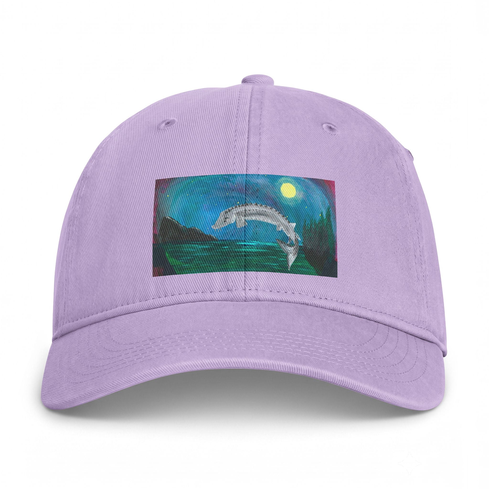 Coastal Dolphin Dad Hat — Washed Beach Cap with Moonlit Ocean Artwork
