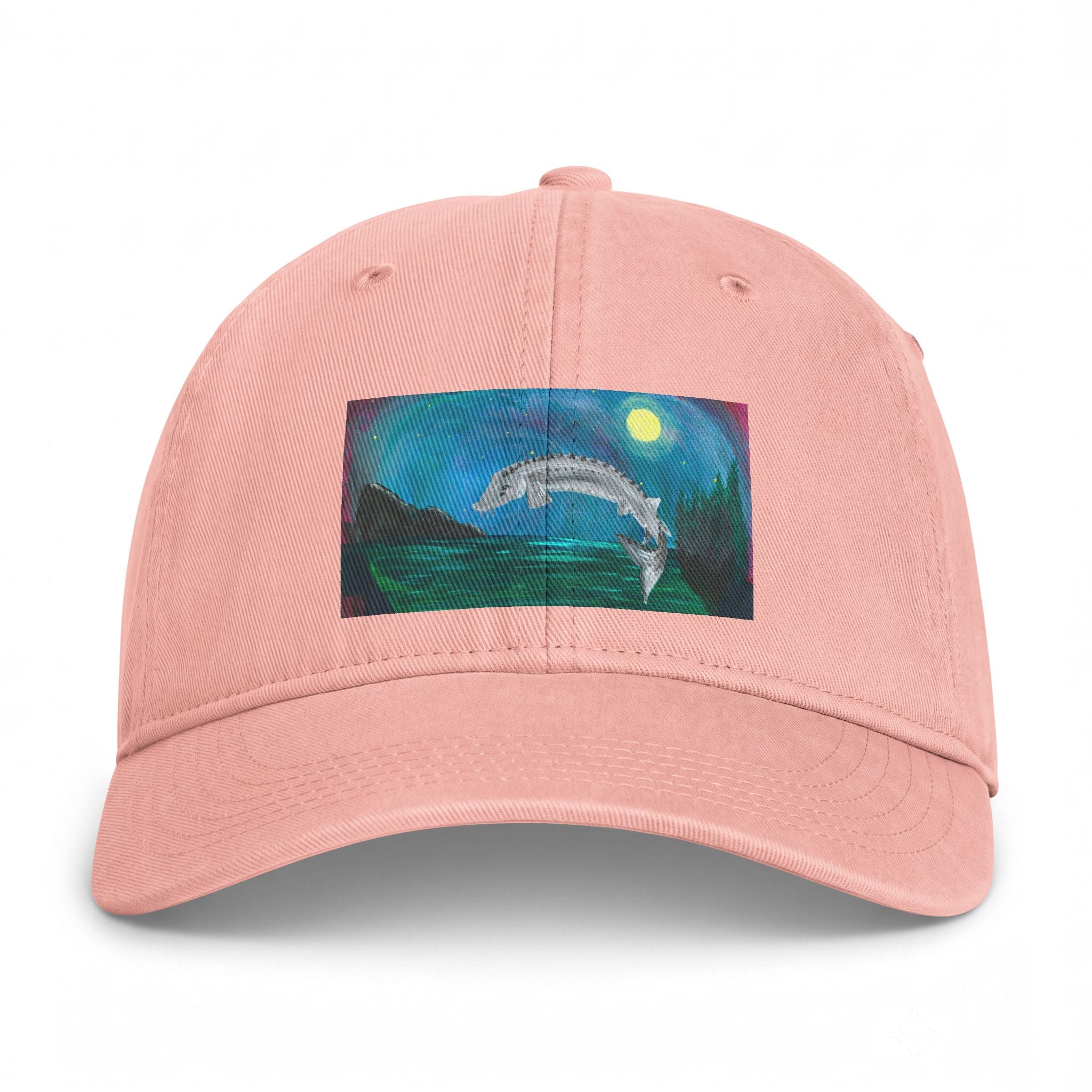 Coastal Dolphin Dad Hat — Washed Beach Cap with Moonlit Ocean Artwork