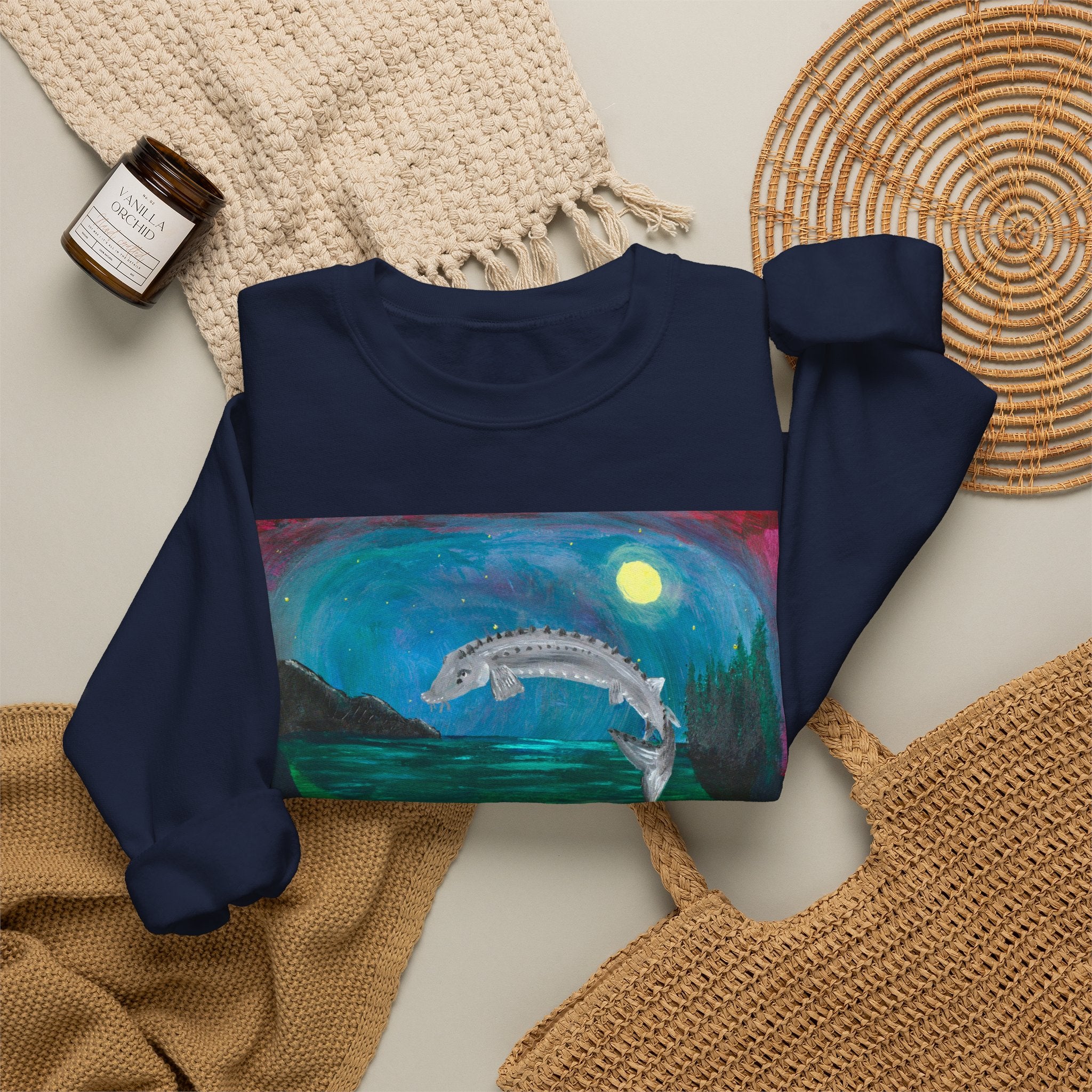 Moonlit Koi Crewneck Sweatshirt — Hand-Painted Night Garden Fish Design