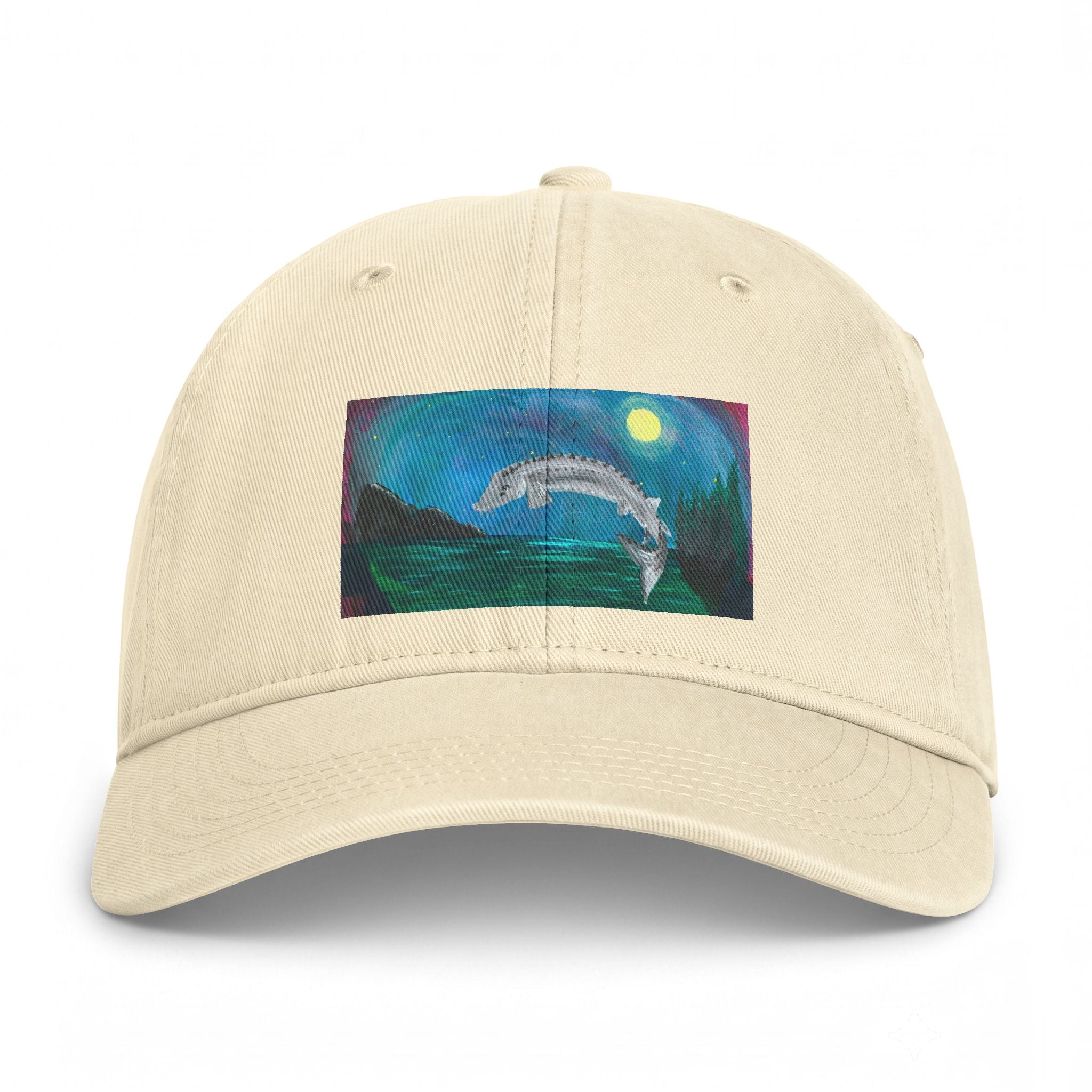 Coastal Dolphin Dad Hat — Washed Beach Cap with Moonlit Ocean Artwork