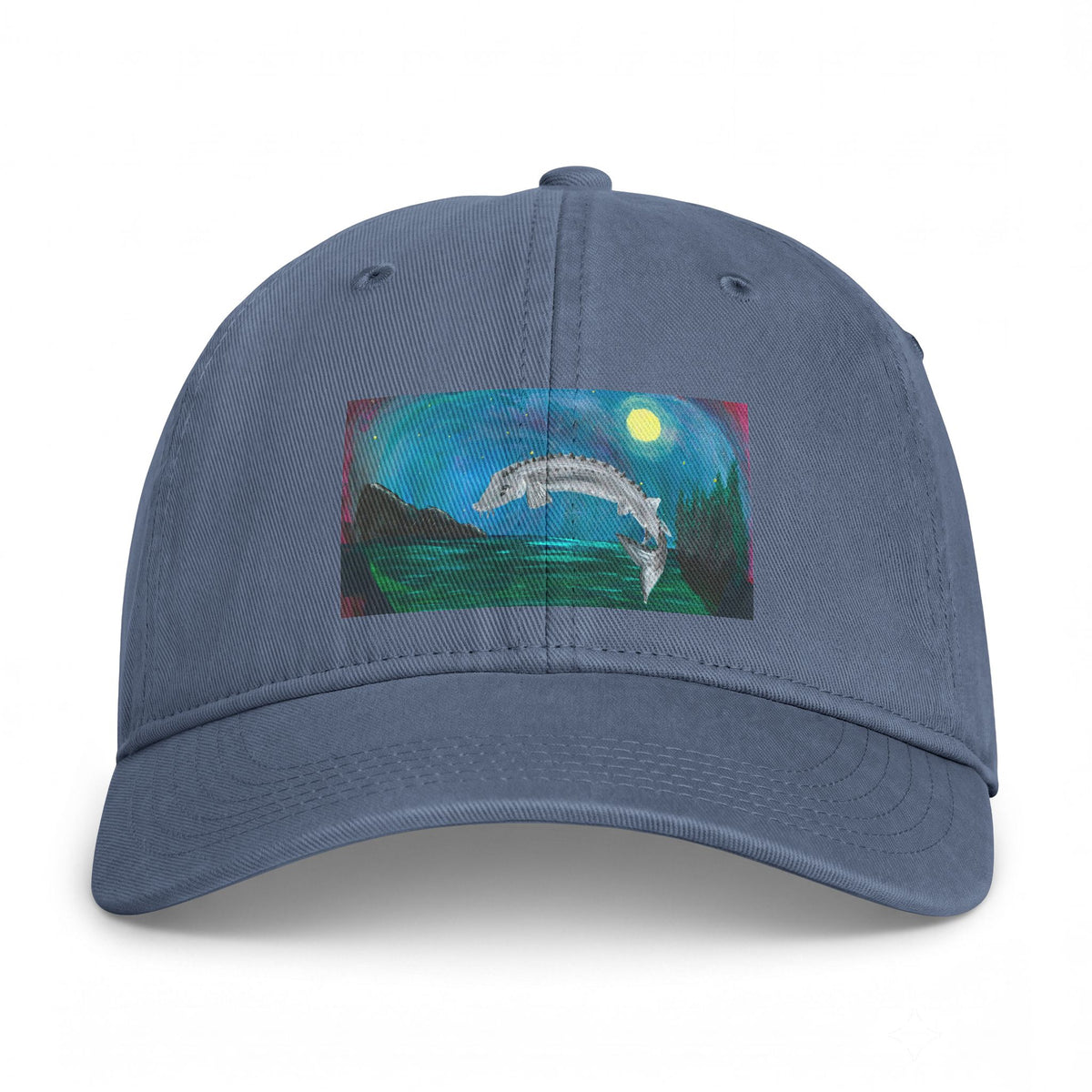 Coastal Dolphin Dad Hat — Washed Beach Cap with Moonlit Ocean Artwork