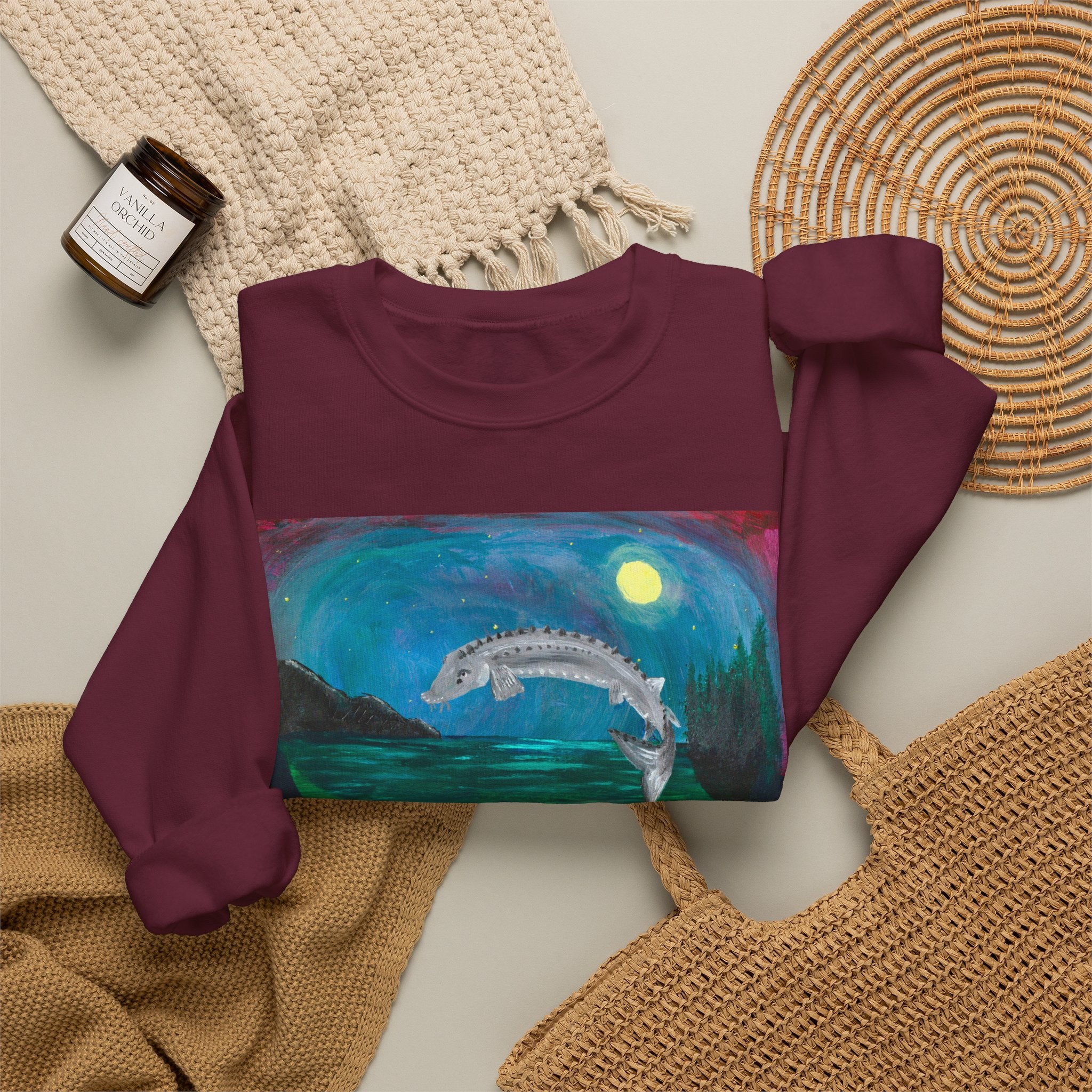 Moonlit Koi Crewneck Sweatshirt — Hand-Painted Night Garden Fish Design
