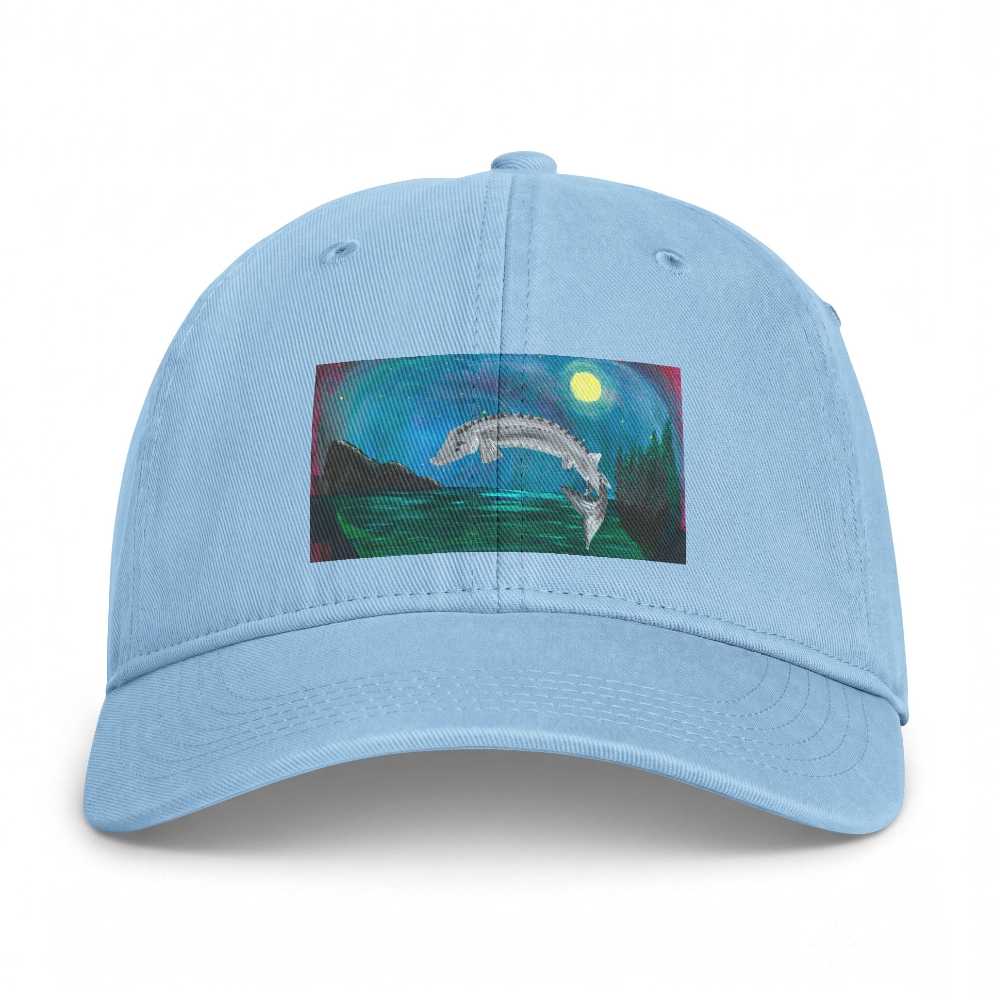Coastal Dolphin Dad Hat — Washed Beach Cap with Moonlit Ocean Artwork