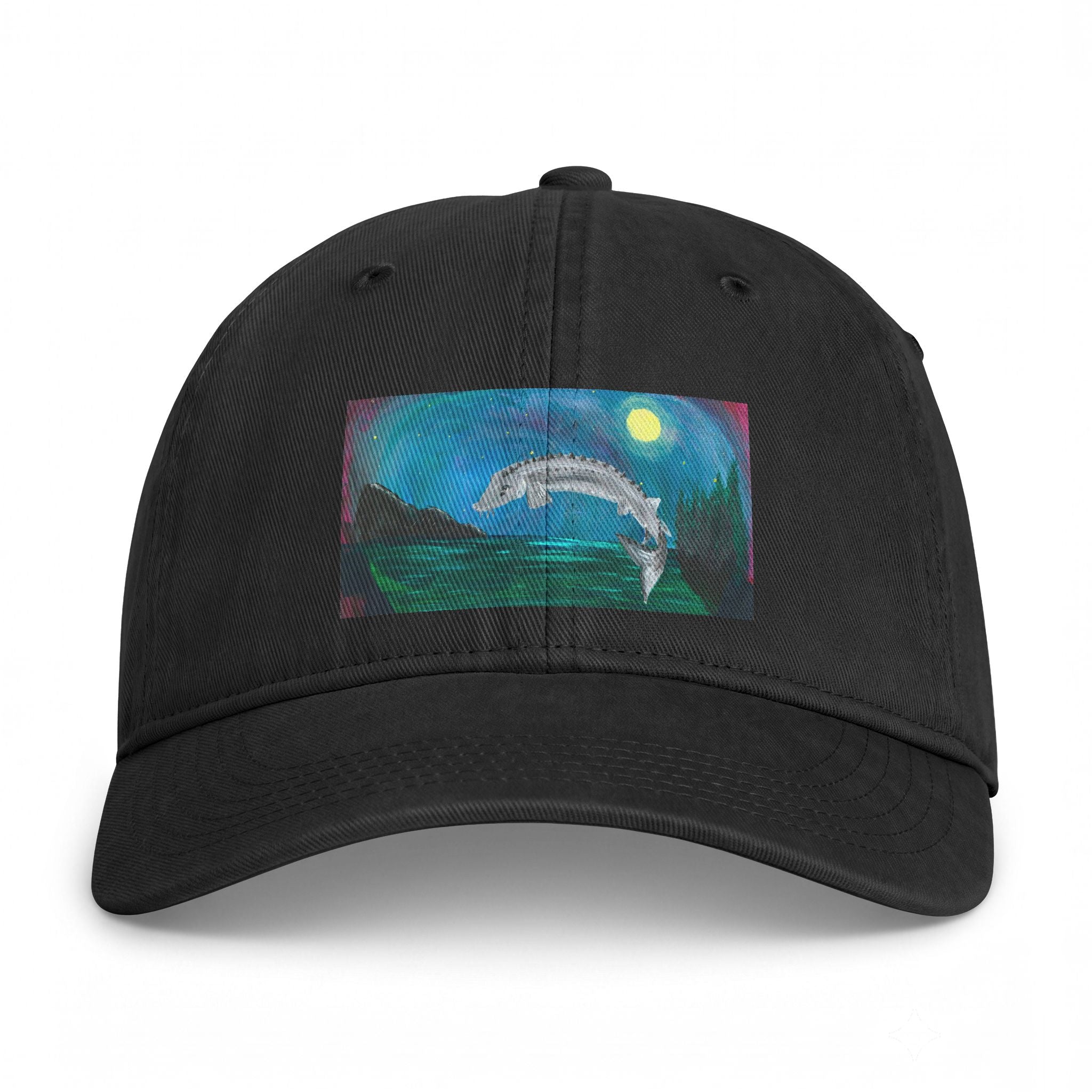 Coastal Dolphin Dad Hat — Washed Beach Cap with Moonlit Ocean Artwork