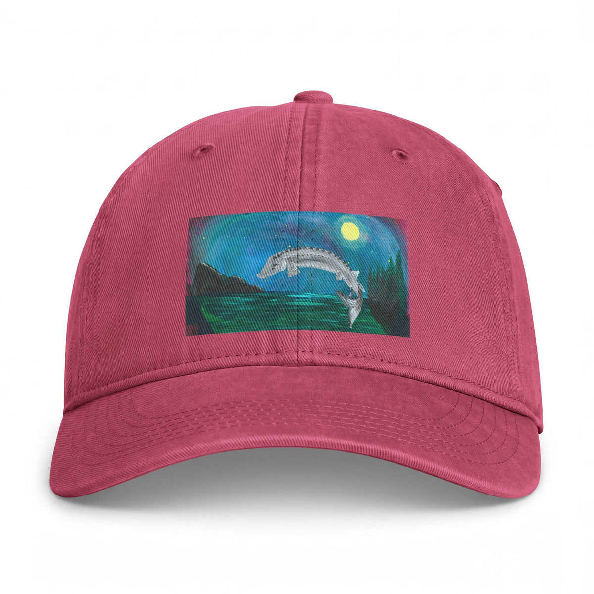 Coastal Dolphin Dad Hat — Washed Beach Cap with Moonlit Ocean Artwork