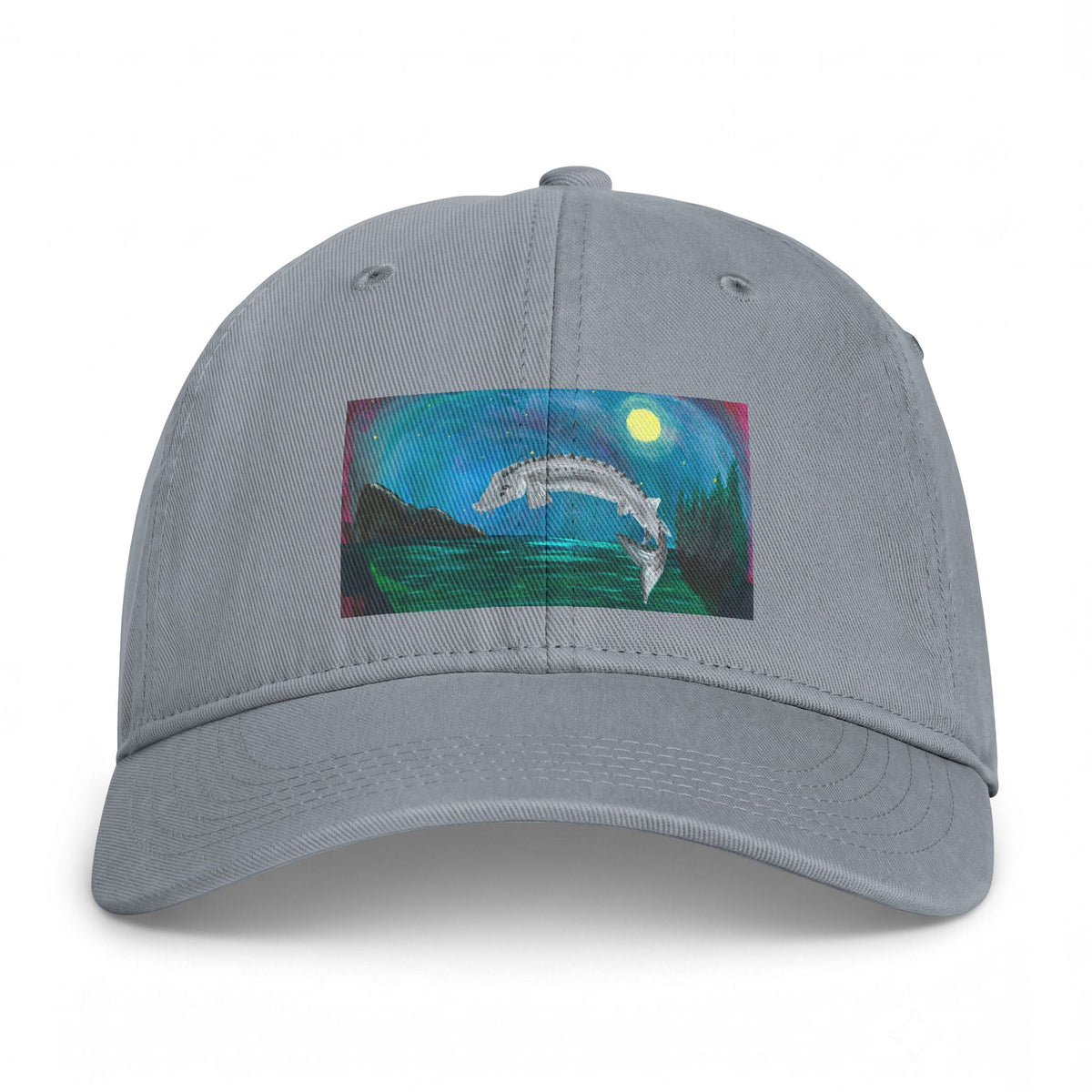 Coastal Dolphin Dad Hat — Washed Beach Cap with Moonlit Ocean Artwork