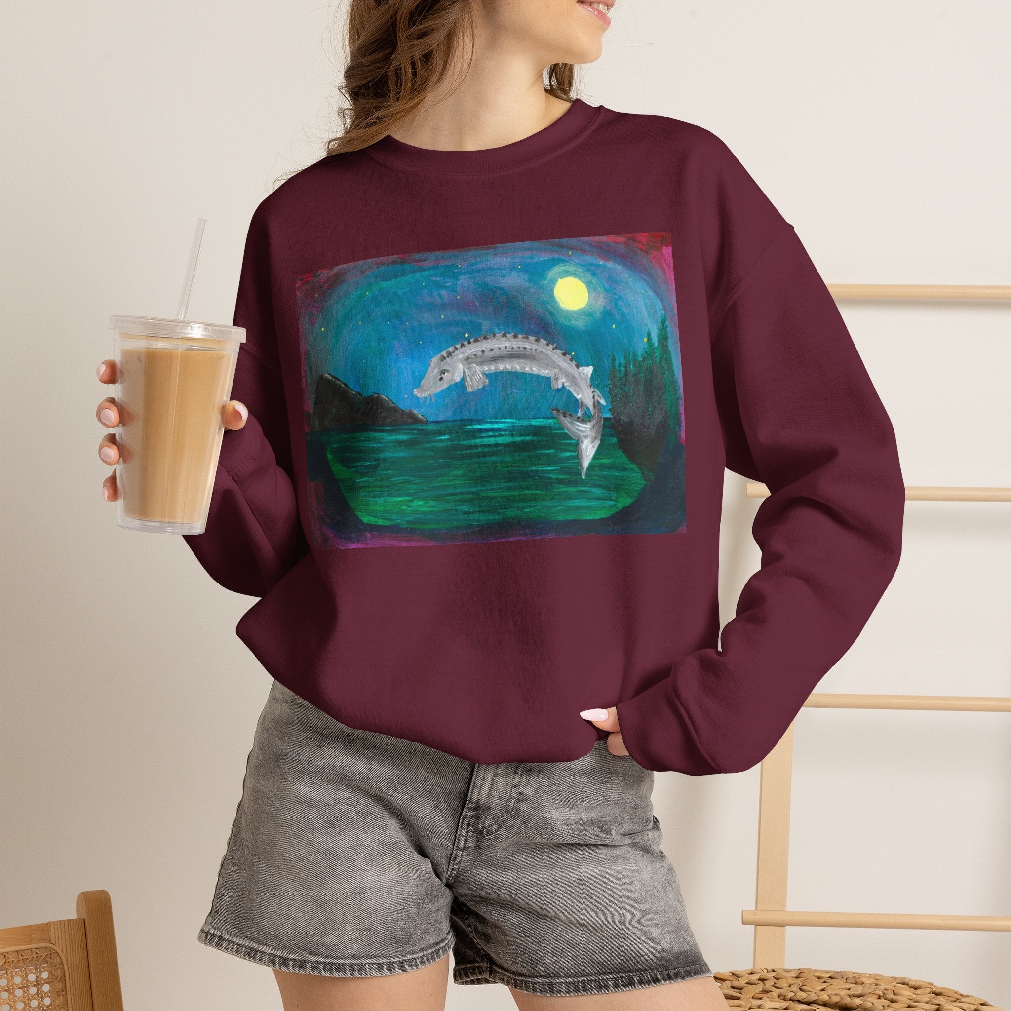 Moonlit Koi Crewneck Sweatshirt — Hand-Painted Night Garden Fish Design