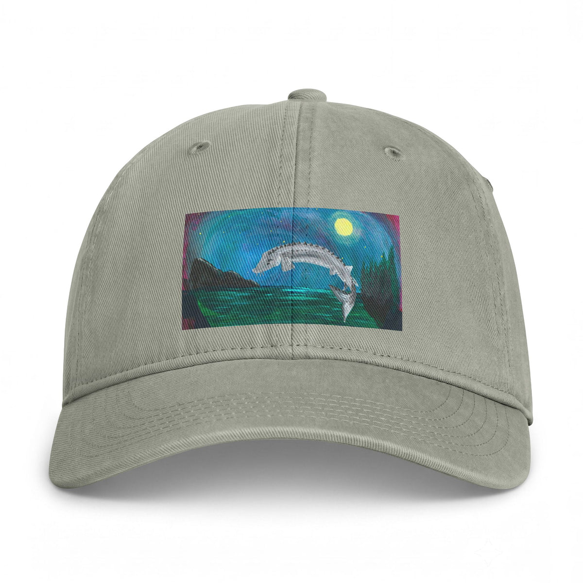 Coastal Dolphin Dad Hat — Washed Beach Cap with Moonlit Ocean Artwork