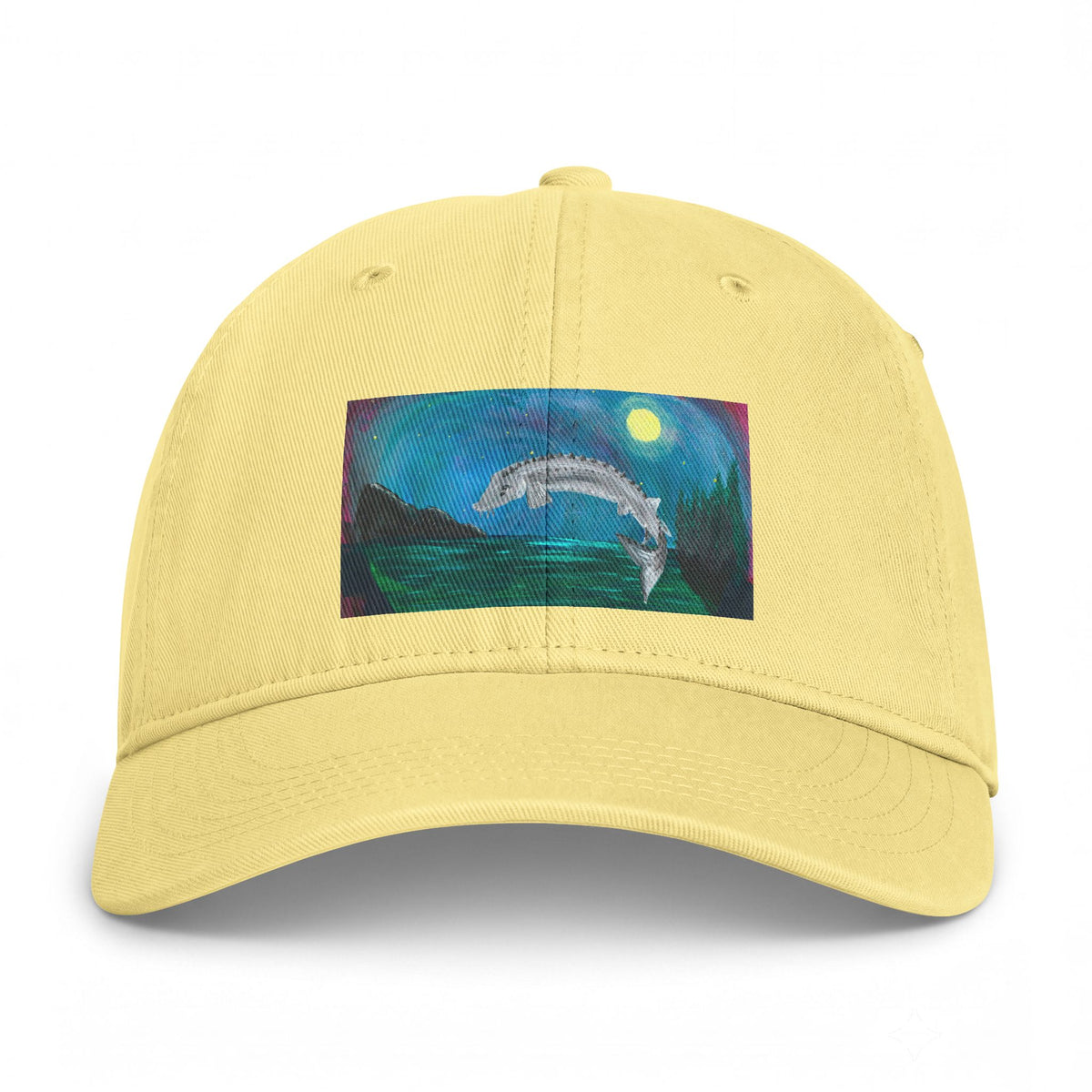 Coastal Dolphin Dad Hat — Washed Beach Cap with Moonlit Ocean Artwork