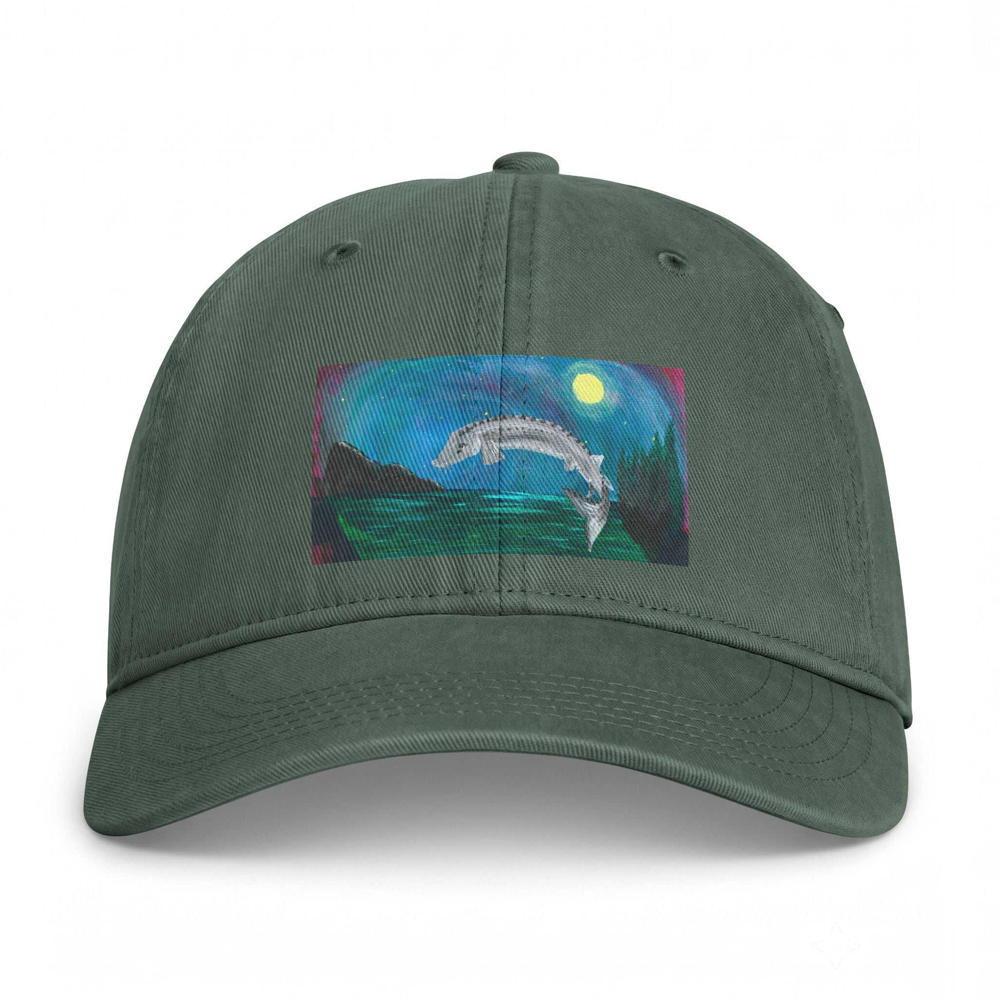 Coastal Dolphin Dad Hat — Washed Beach Cap with Moonlit Ocean Artwork